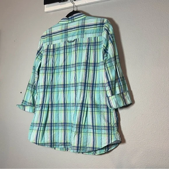 L.L. Bean Button Up Front Shirt Blouse Cotton Blue Green Plaid Size Large - Picture 8 of 9